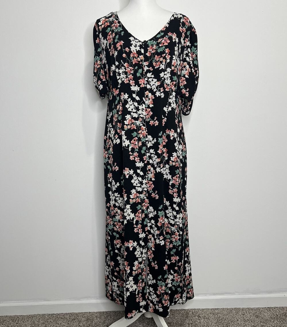 Est 1946 Womens Size 18/20W Black Midi Floral Dress Buttons Tie Back Reception